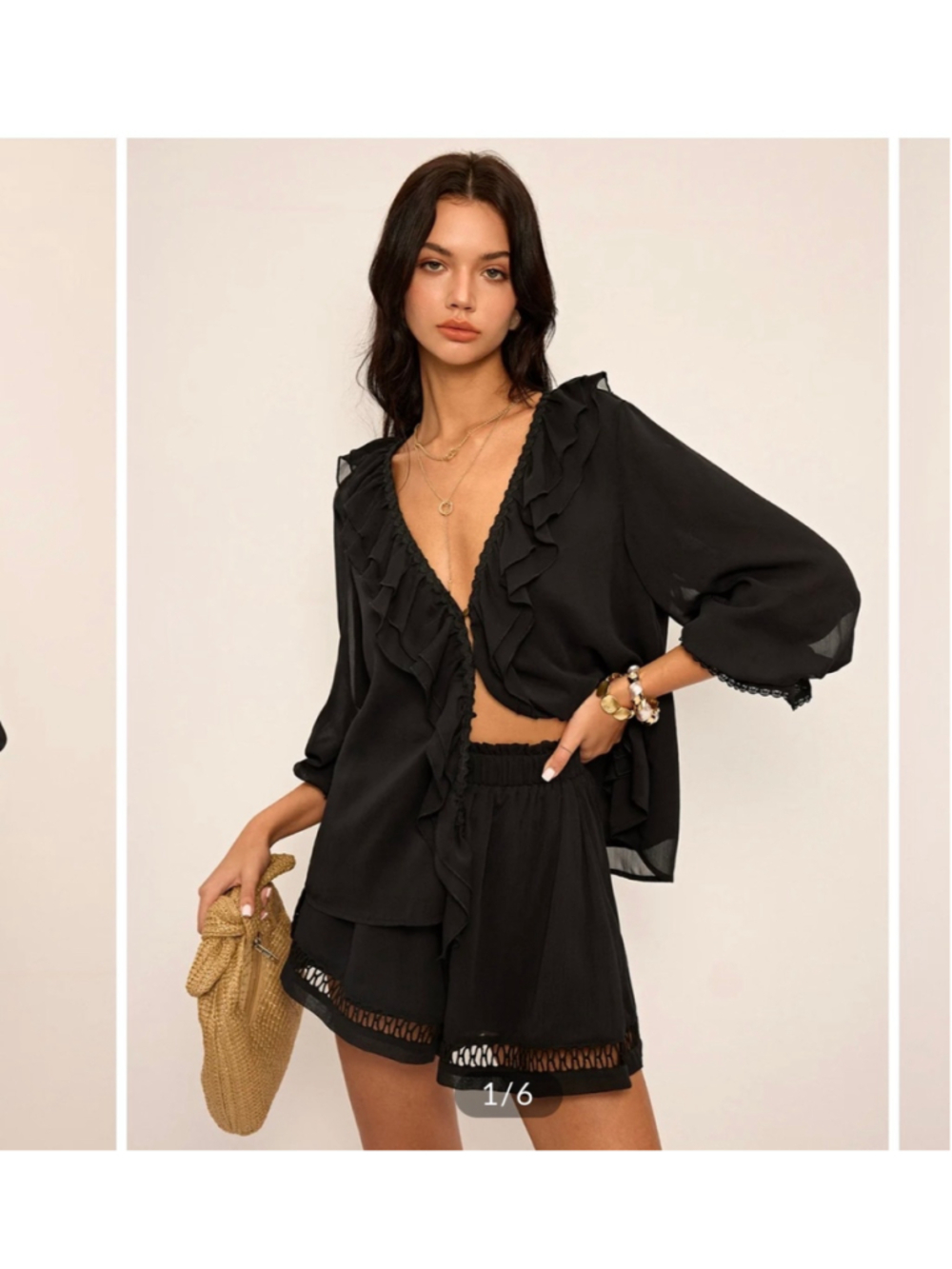 Commense Black Ruffled Chiffon Blouse and Shorts Set Size M Boho Dark Romantic
